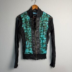 Topsy‎ Turvy Women's Patchwork Whimsigoth Grunge Lace Graphic Zip Up Top Size L
